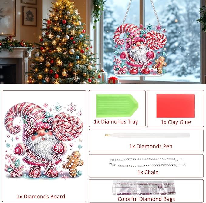 SENQAO Gnome Diamond Art Hanging Kits for Adults Kids, Christmas Diamond Art Suncatchers, 5D Special Shape Diamond Painting Pendant Window Ornament Gifts for Home Garden Door Wall Decor