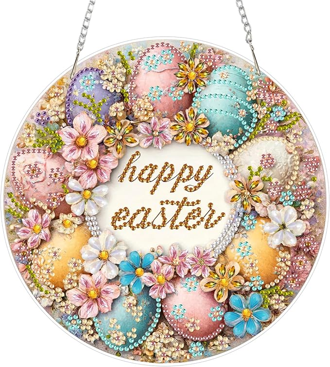 MAXBYE Easter Hanging Diamond Art Kits for Adults Colorful Eggs with Flowers, Special Crystal Double Sided Pendant DIY Diamond Art Painting Kits for Beginners Gift Wall Home Decoration 8×12Inch