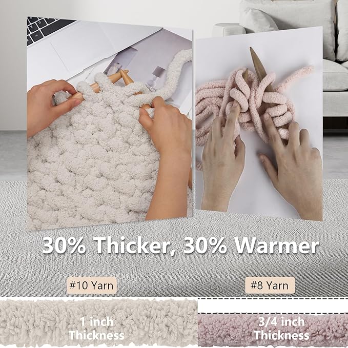 Chunky Yarn for Hand Knitting - #10 Chunky Chenille Yarn, Jumbo Big Thick Chunky Yarns for Crocheting, Super Bulky Chunky Knit Blanket Yarns, 8 Skein (25 yds 8 oz Each Skein), Beige White