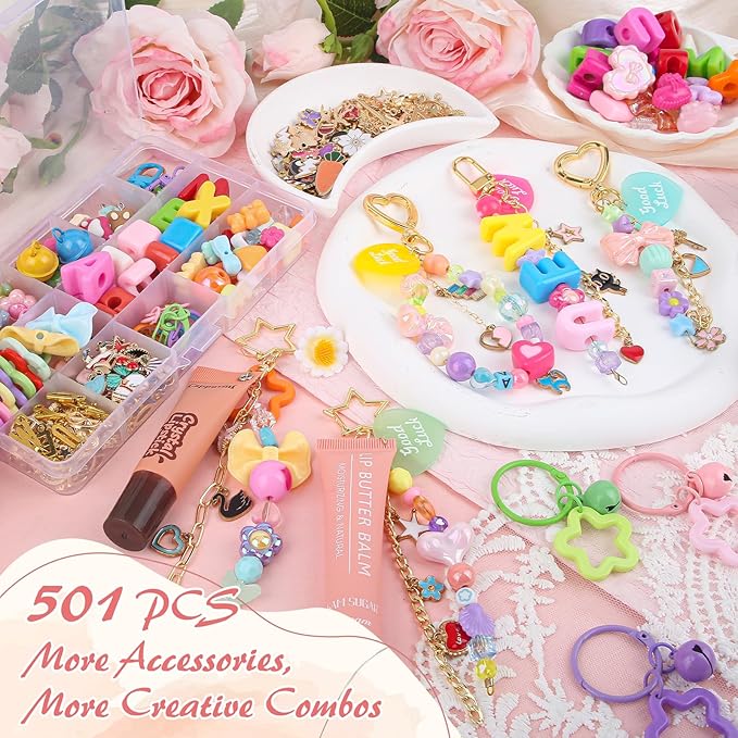 Ecoofor 561 Pcs Keychain Making Kit - Includes 30 Keychain Clips, 40 Extender Chains, 178 Charms, Beading Accessories, Jewelry Pliers - DIY Bag Charms & Jewelry Craft Kit Supplies