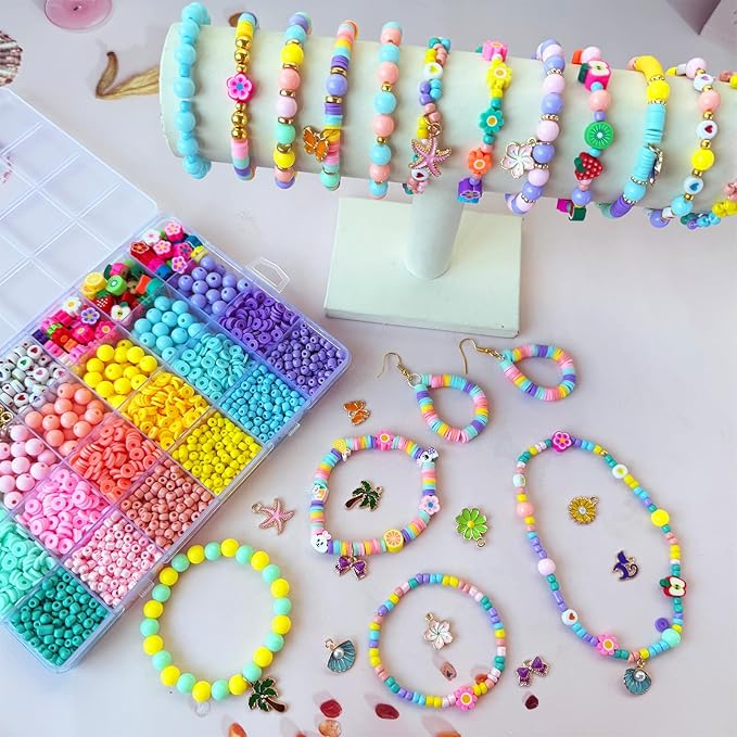 3100Pcs Clay Bead Bracelet Making Kit - Macaron Polymer Clay Heishi Seed Beads Assorted Acrylic Round Pastel Beads Gold Spacer Beads Spring Flower Charms for Bracelet Jewelry Earring Making DIY Craft