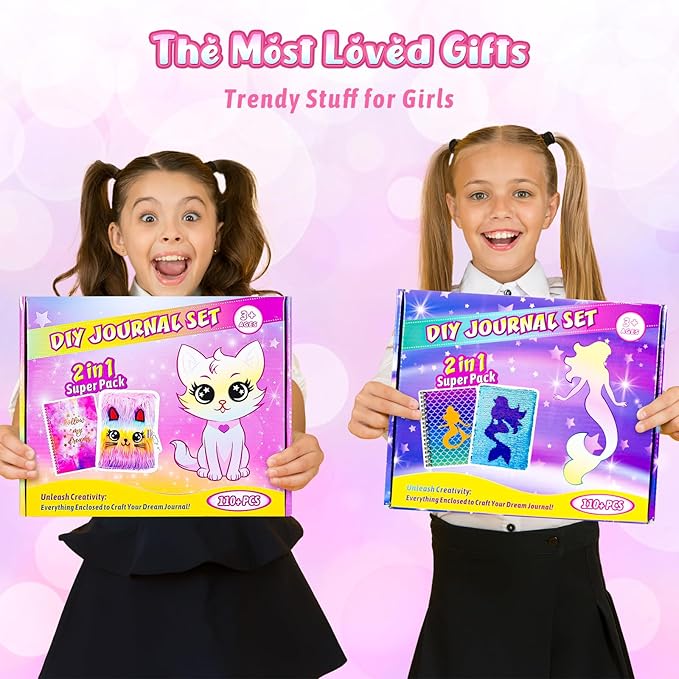 2-pack diy journal kit for girls ages 8-12 13 14 year olds, birthday gifts for teen girls, 110pcs cute scrapbook supplies stationary, journaling art crafts trendy stuff for kids, cat diary with lock