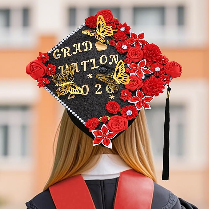 VISSTREE DIY Graduation Cap Decoration, 56 Pcs Cap Decorations for Graduation Kit 2026 DIY Grad Cap Graduation Gift with Red Paper Flowers 3D Glitter Butterfly Custom Number Letter Stickers Decor