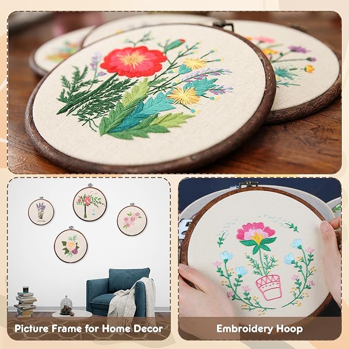 4 pcs round embroidery hoops set-decorative cross stitch hoop ring imitated wood display frame-circle hand embroidery kits for art craft sewing (4 different size)