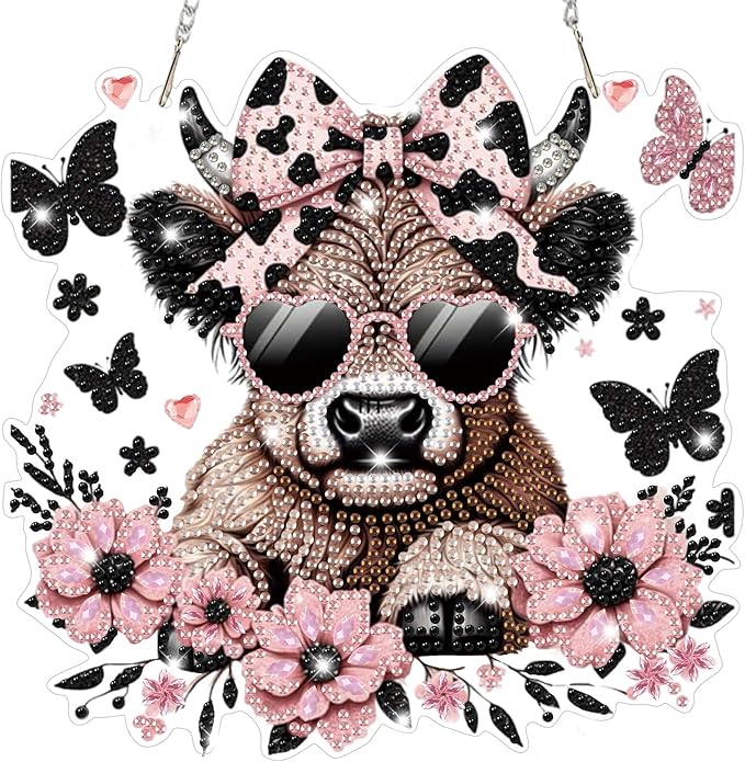 Bowetile Cow Diamond Art Hanging Kits for Adults, Diamond Art Suncatchers Animals, 5D Special Shape Diamond Painting Pendant Window Ornament Gifts for Home Wall Door Garden Decor