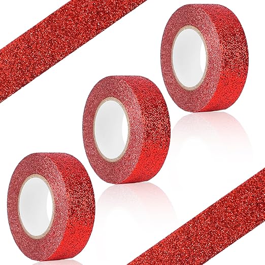 Mozeat Lens 3 Rolls Glitter Washi Tape 5/8" (15mm) Red Decorative Tape Red Glitter Washi Tape Decorative Adhesive Tape Craft Self Adhesive Stick on Sticky Glitter Trim, 5.5yd/Roll
