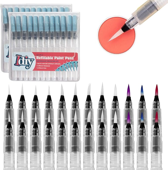 Refillable Watercolor Brush Pens Set of 24 – Water Brush Pens with 3 Tip Sizes (3mm, 4mm, 5mm) – Nylon Point Tips for Painting, Lettering, Calligraphy & DIY Crafts – Easy Flow Control & Easy to Clean