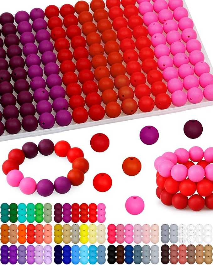 160pcs fiveizero 15mm silicone beads for keychain making - mixed color round rubber beads bulk, diy craft supplies for bracelets necklaces pens(red)