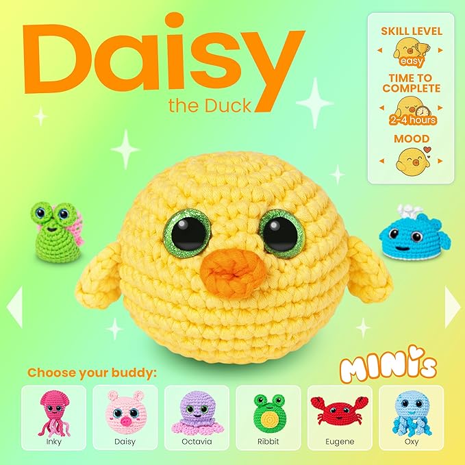 Cookie Box MINIs Crochet Kit for Beginners – Gift Set to Make Duck Daisy Amigurumi Plushie – Easy DIY Crochet & Knitting Starter Kit with Printed Instructions & Step-by-Step Video Tutorial