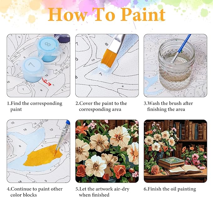 Paint by Numbers Kit for Adults Beginner Book, Adult Paint by Number Kits on Canvas, Bookshelf DIY Acrylic Oil Painting by Numbers for Adults, Flower for Home Wall Decor 16X16 Inch