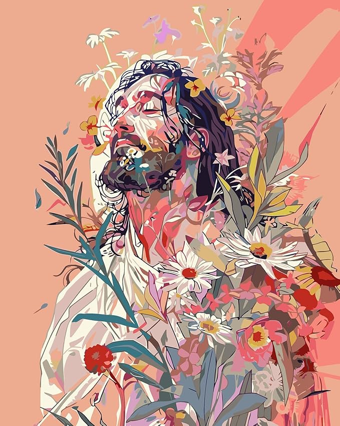 CHWGLFGG Paint by Numbers Kit for Adults Beginner, Jesus and Flowers Adult Paint by Number Kits on Canvas, DIY Acrylic Oil Easy Painting by Numbers for Home Wall Decor 16X20 inch (Without Frame)