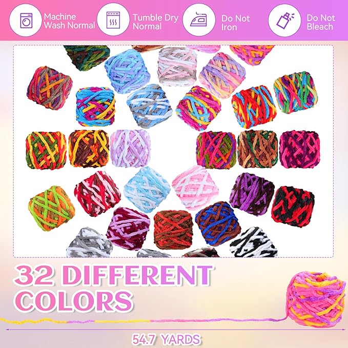 Timgle 32 Skeins Chunky Chenille Yarn for Crocheting, 1470 Yards Bulky Thick Fluffy Yarn Soft Velvet Plush Yarn for Hand Knitting Blanket Crafts Project (Mixed Color)