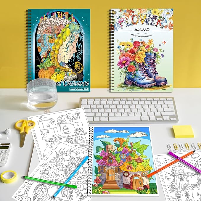 Kalysky Adult Coloring Book Set:3 Coloring Books for Flower World,Whimsical Universe,Fantasy Fairy Homes.Coloring Books for Adults to Relax and Relieve Anxiety