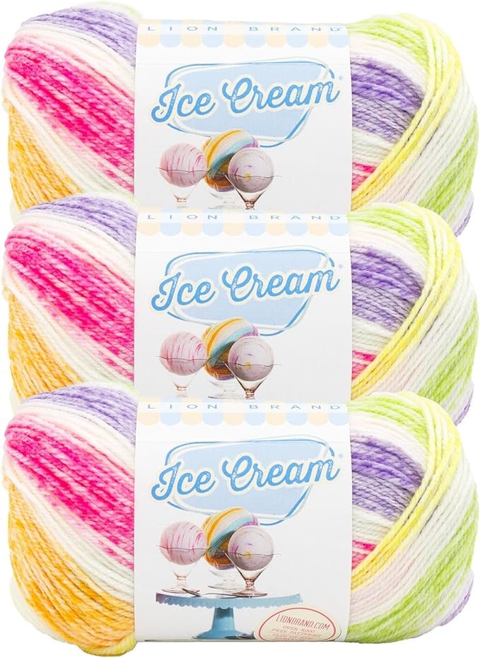 Lion Brand Yarn, Ice Cream Baby Yarn for Knitting, Crochet, and Crafts, Passion Fruit, 3 Pack, DK Weight Colorful Acrylic Fiber for Baby Blankets, Hats, and Sweaters