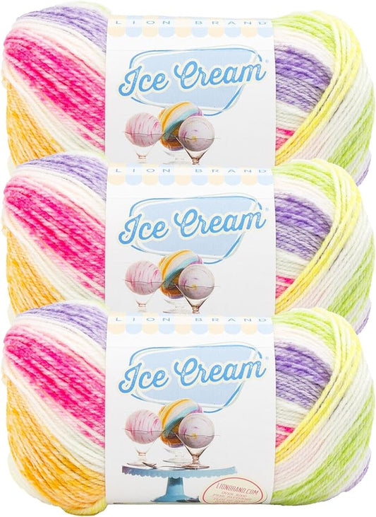 Lion Brand Yarn, Ice Cream Baby Yarn for Knitting, Crochet, and Crafts, Passion Fruit, 3 Pack, DK Weight Colorful Acrylic Fiber for Baby Blankets, Hats, and Sweaters