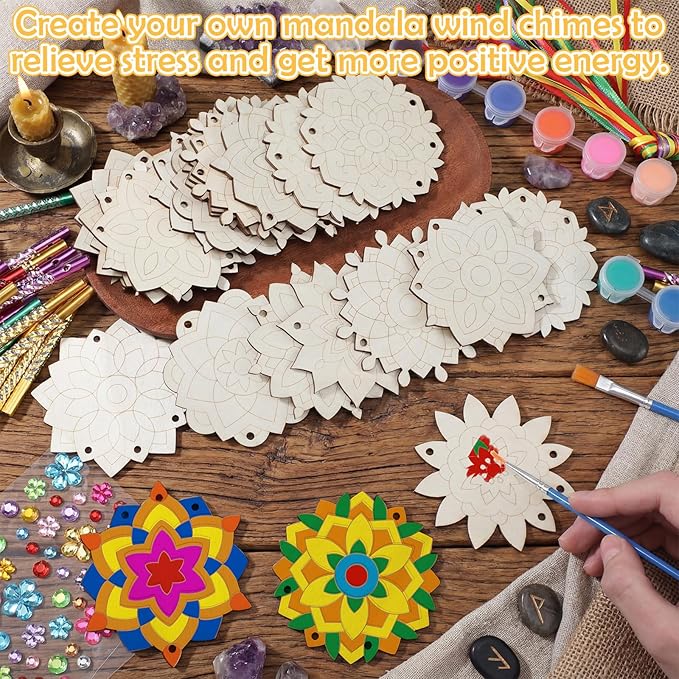 JellyArch 30 Pack Spring Mandala Wind Chime Making Crafts Kit for Adults, Make Your Own Wind Chime Bulk Wooden Hanging Ornaments for DIY Activity Birthday Summer Decoration