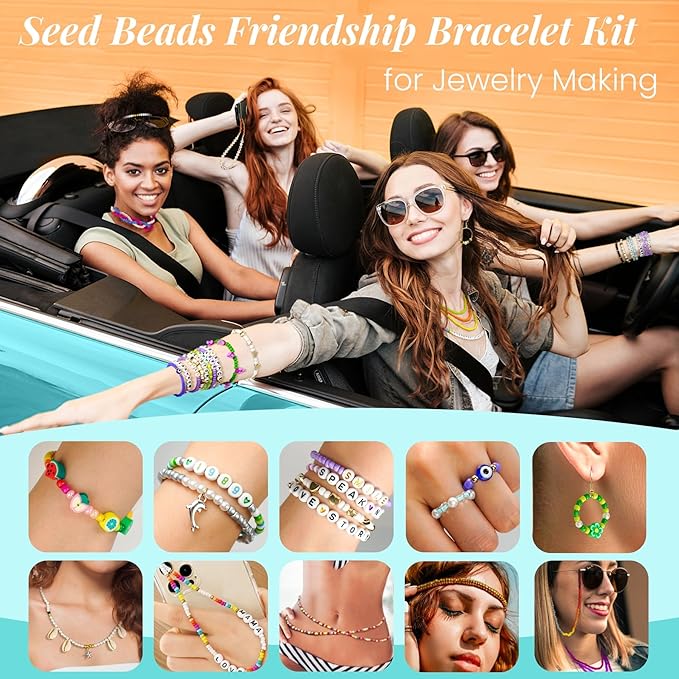 4mm Glass Seed Beads Friendship Bracelet Kit, 15500pcs 96 Colors 6/0 Small Beads for Bracelet Making Kit with String Cords Letter Charms Waist Beads for DIY Jewelry Making Crafts Kits
