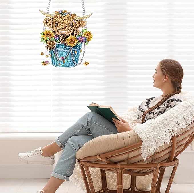 Bimkole Highland Cattle Diamond Art Hanging Kit for Adult, DIY 5D Sunflowers Diamond Painting Window Pendant, Acrylic Crystal Art Hanging Ornament for Wall Home Garden Front Door Decor - 7.8x7.8 Inch