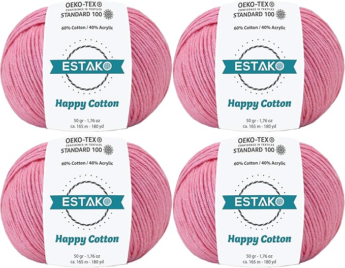 Estako Happy Cotton, (4 Skeins Pack) 60% Cotton 40% Acrylic Yarn, Soft, Fine/Sport (2) for Crochet and Knitting (4 x 1.76 Oz) / (4 x 180 Yrds) (4320 - Pink)