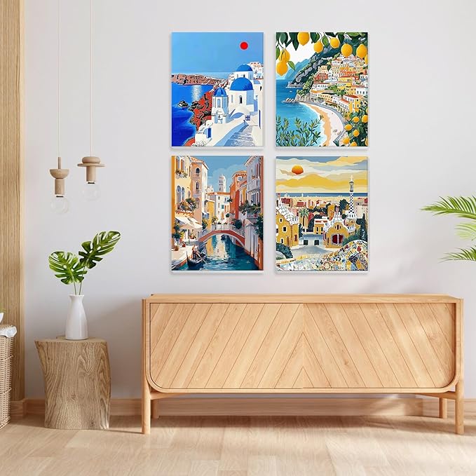 NEWENMO 4 Pack Paint by Numbers Kit for Kids Beginner with Wooden Frame, Beautiful Coast Village, Paint by Numbers Kit for Adults, Park and Cityscape, DIY Painting Kits for Home Wall Decor 8x10 inch