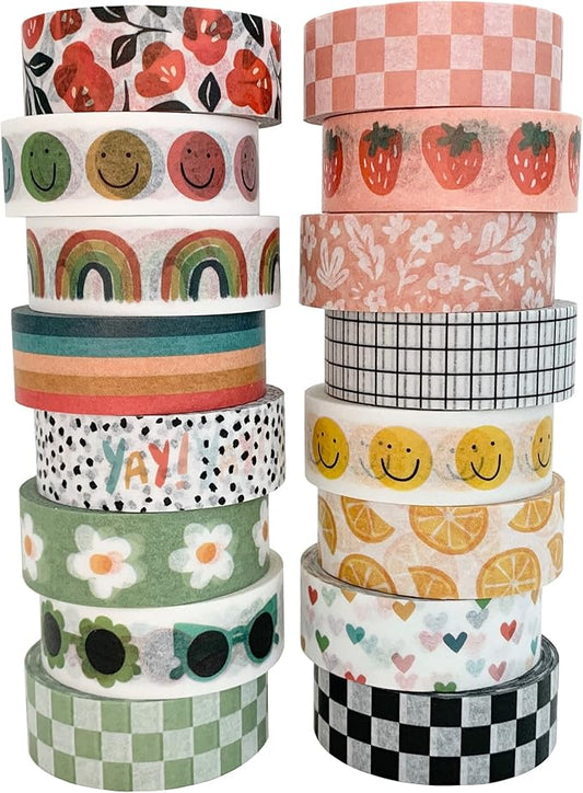 zynshe washi tape set of 16 rolls of 15 mm wide cute decorative washi tape for journaling, scrapbook, washy crafts, bullet journals, planners, diy décor, gift wrapping, craft supplies (splash)