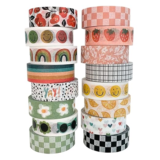 Washi Tape Set of 16 Rolls of 15 mm Wide Cute Decorative Washi Tape for Journaling, Scrapbook, Washy Crafts, Bullet Journals, Planners, DIY Décor, Craft Supplies For Adults & Kids (Splash)