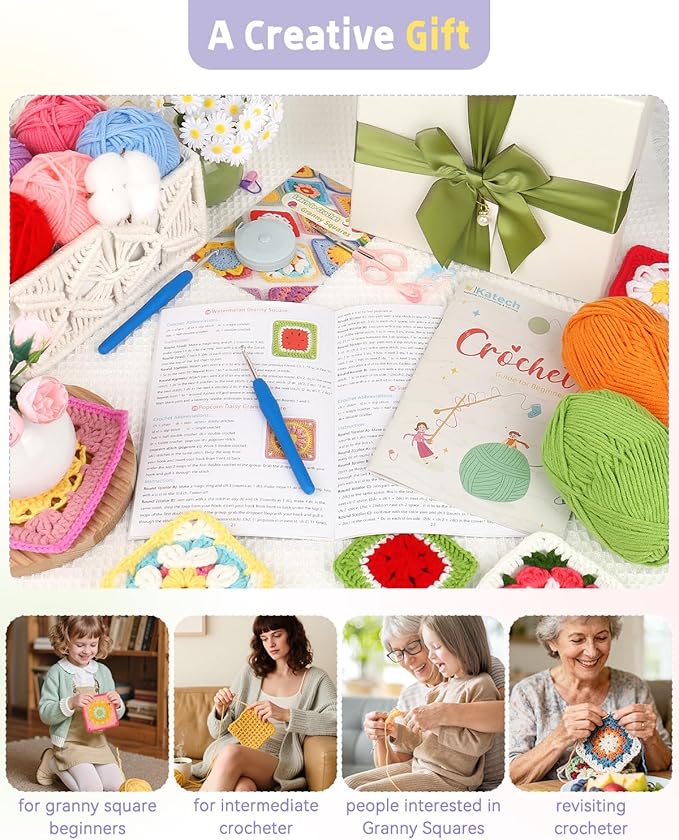 Katech Crochet Kit for Beginners, 50 Granny Squares Crochet Kits for Adults Beginner Learn to Crochets w/Step-by-Step Video Tuturials, Knitting Kit w/1378yds Yarn Granny Square Card Deck- 80% Cotton