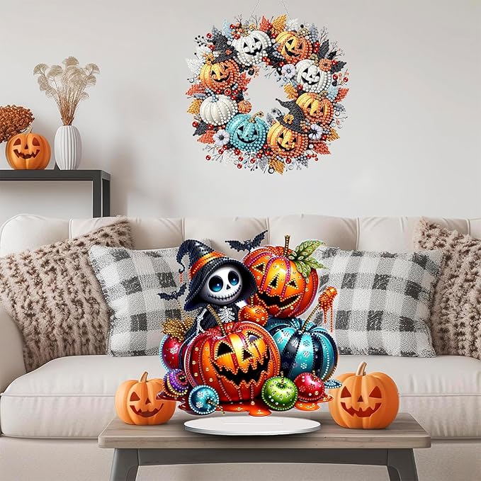 Diamond Art Hanging Kits for Adult, Diamond Art Halloween Crafts Decor, 5D DIY Acrylic Diamond Art Painting Ornaments, Window Pendants Wall Hanging Kits for Home Garden (Ghost Pumpkin)