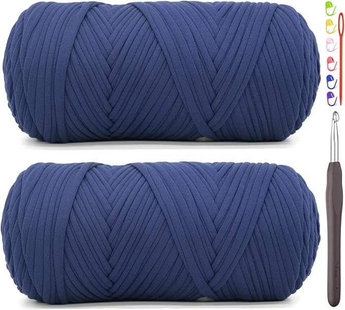 2 Pack Tshirt Yarn for Crocheting,Navy Blue T Shirt Chunky Elastic Fabric Thick T-Shirt Crochet Yarn for Beginners Crocheting Hand Knitting Bag/Basket/Coasters/DIY Crafts/Home Decor 2*200G(Navy Blue)