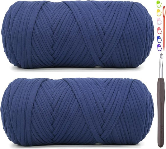 2 Pack Tshirt Yarn for Crocheting,Navy Blue T Shirt Chunky Elastic Fabric Thick T-Shirt Crochet Yarn for Beginners Crocheting Hand Knitting Bag/Basket/Coasters/DIY Crafts/Home Decor 2*200G(Navy Blue)