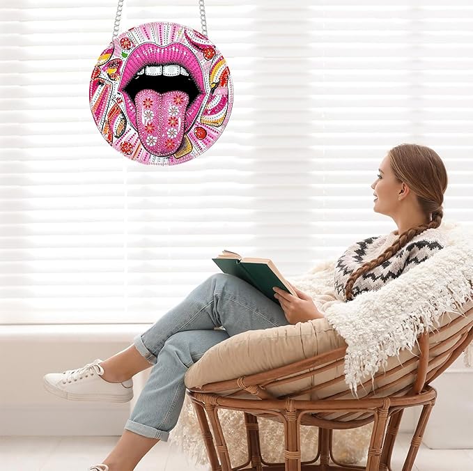 Bimkole Tongue Diamond Art Hanging Kit for Adult, DIY 5D Mouths Diamond Art Painting Window Pendant, Acrylic Crystal Art Hanging Ornament for Wall Home Garden Front Door Decor - 7.8x7.8 Inch