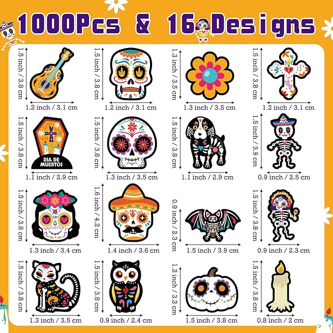 beyumi sugar skull roll stickers - 1000pcs day of the dead stickers in 2 rolls dia de los muertos sugar skull decals for kids halloween mexican festival party supplies classroom guitar bottle decor