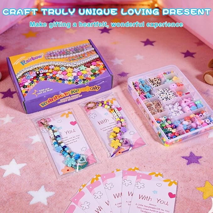 Grnheat 495 Pcs Bead Keychain Making Kit - Acrylic Letter Beads with Heart Star Flower Charms - Personalized Name Jewelry Set for Backpack Bag Charm Bracelet Crafts Supplies