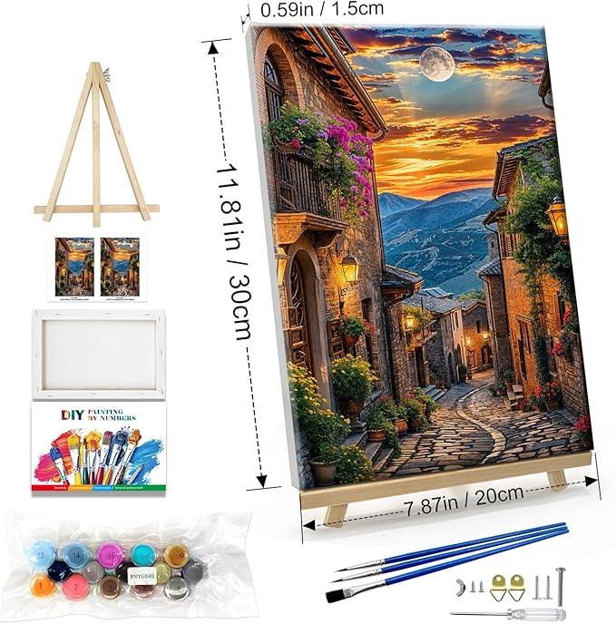 JOOZ Paint by Numbers Kit for Adults Landscape Paint by Number with Frame Town Street Paint by Number with Easel Moon Oil Painting Kits for Gift Home Wall Decor 7.87x11.81 Inch