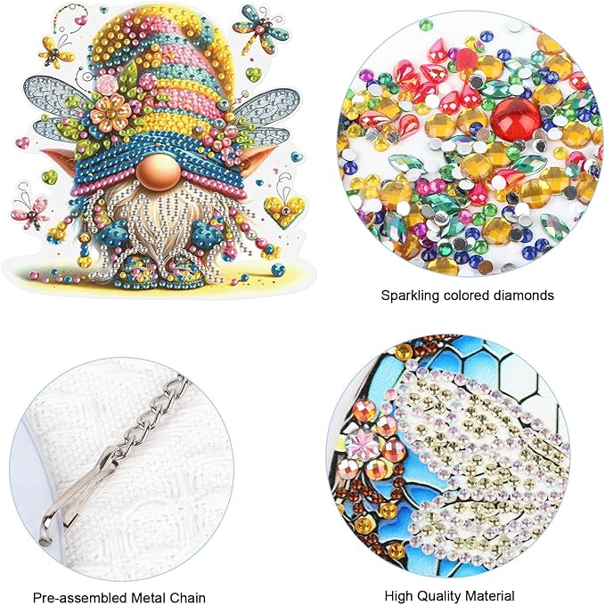 JISHSHAY Diamond Painting Pendant Gnome Wind Chimes Special Shaped Art Suncatchers Keychain Hanging Kit - 2 PCS