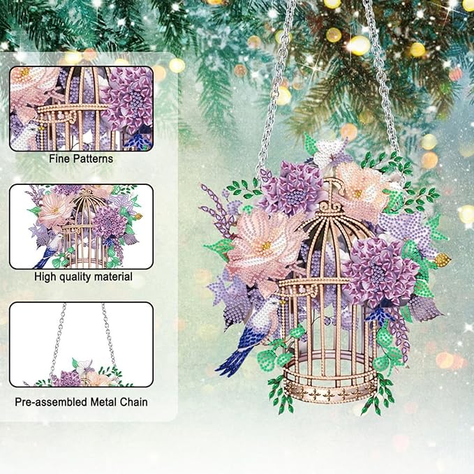 Flower Birdcage Design DIY Diamond Art Painting Wreath Kits Special Shaped Rhinestone Diamond Art Window Pendants Home Garden Wall Hanging Kits (Single Side Point Drill) (#11-Cat) (#02-Flower)