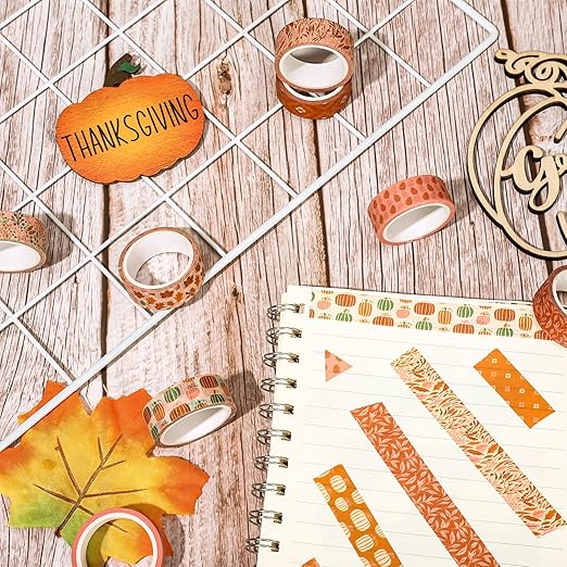 Whaline 12 Rolls Fall Pumpkin Washi Tape Autumn Leaves Boho Washi Masking Tape Thanksgiving Pumpkin Maple Leaf Print Decorative Craft Tape for Fall Scrapbook Gift Wrapping DIY Art Crafts, 16.4Ft