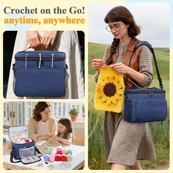 aeelike complete beginner kit 87pcs, crochet kit for beginners adults, navy portable yarn bag, 23 crochet hooks,yarn 20 colors skeins, instruction & crocheting accessories