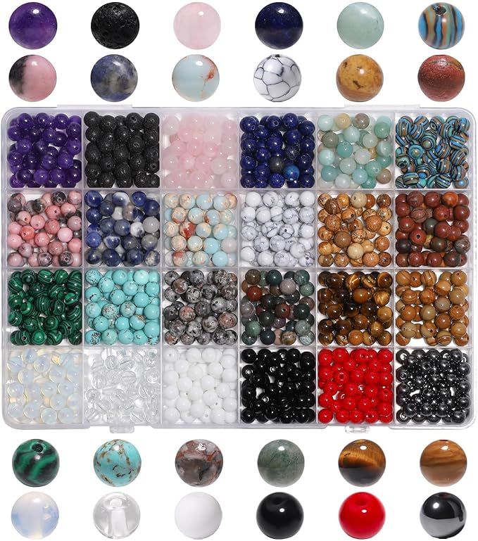 720pcs 6mm Natural Round Stone Beads Gemstone Crystal Loose Beads Smooth Bead for Bracelet Necklace Earring Jewelry Making Kit