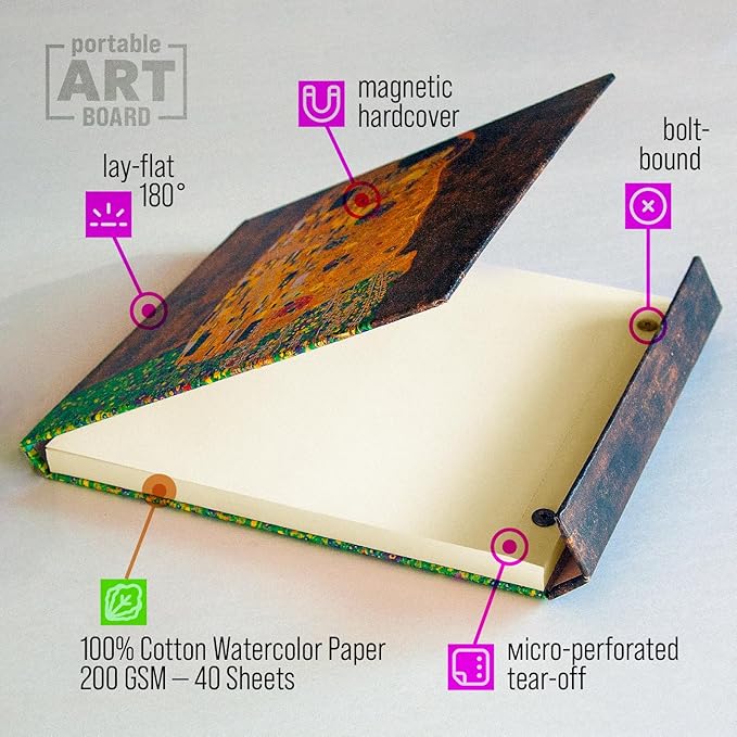 Watercolor Paper Pad — Magnetic Hardcover — 100% Cotton Watercolor Paper, Cold Press 200 GSM — 40 Sheets — Lay-Flat Watercolor Sketchbook — Art Supplies — KIROSKETCH (Klimt The Kiss 9x12 inch (A4)