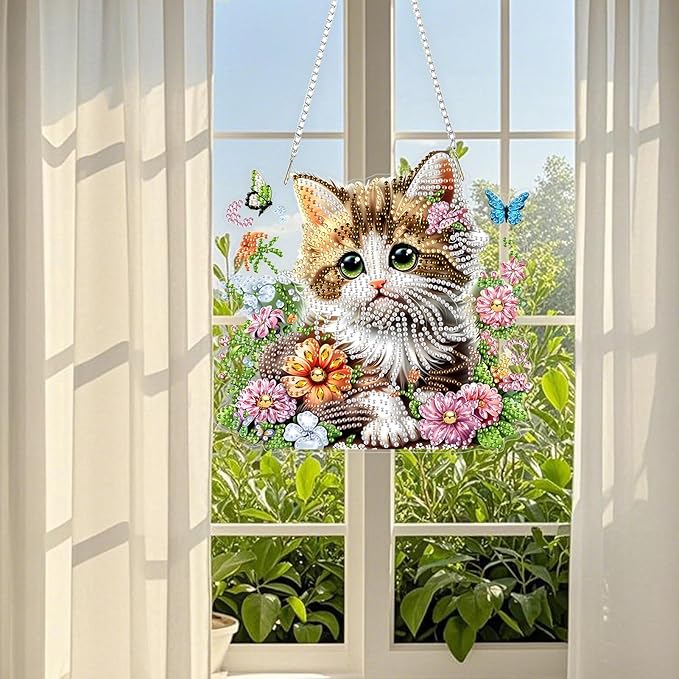 TOSTOG Beautiful Tabby Cat Diamond Art Pendant Kits for Adult, Diamond Painting Hanging Kit for Beginners, 5D DIY Crafts Gem Art, Waterproof Full Accessories for Home Decor Idea 20 * 20 cm/8 * 8 in