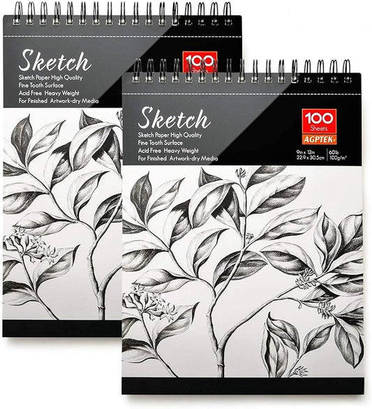 AGPtEK Sketch Book, Art Drawing Pad 9 X 12, 100 Sheets, 60lb/100g, 2 Pack