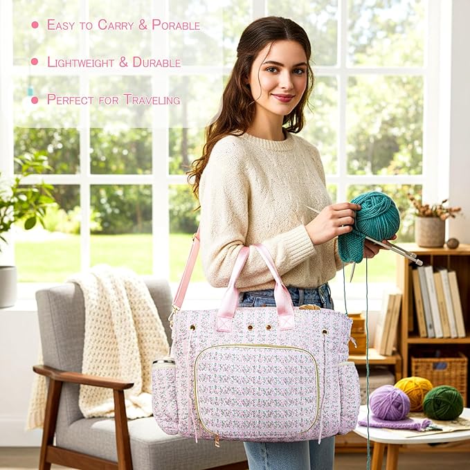 SilTriangle Large Pink Floral Quilted Crochet Knitting Bags and Totes Organizer Cotton Yarn Hook Bag Holder Christmas Corduroy Gift for Crochet Lover Crocheting Accessories, Needle with Zipper, Size L