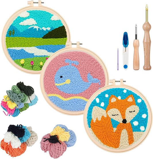 Zuaooz 3 Sets Punch Needle Kits,Whale Fox and Snow Punch Embroidery Kits for Adults Beginner, Tool with Punch Needle Fabric, Hoops, Yarns and Sewing Needles