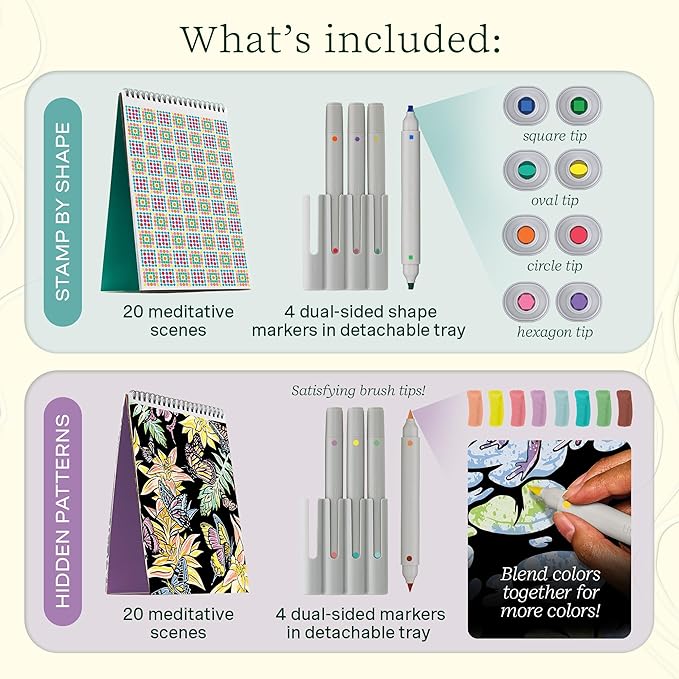 Lifelines FlowArt Activity Pads, 2-Pack with 8 Double-Sided Markers, 40 Scenes & Bonus Pad - Guided Dot Art Meditations - Stamp-by-Shape & Hidden Patterns Coloring Books for Tweens, Adults & Seniors