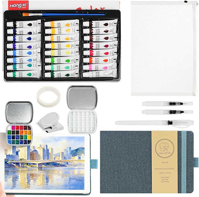 Vienrose Mini Portable Watercolor Palette Set for Travel & Outdoor Painting with 8.5" x 5.5" Linen Cover Watercolor Sketchbook, 24-Color Watercolor Paints, 3 Pens, Artist Tape & Storage Bag