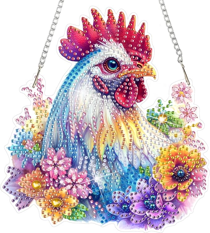 DOMROM Rooster Diamond Art Hanging Pendant, 5D Special Shaped Crystal Diamond Art Window Pendant Ornament Double Sided Pattern Wall Hanging Sign for Beginners DIY Crafts Decor