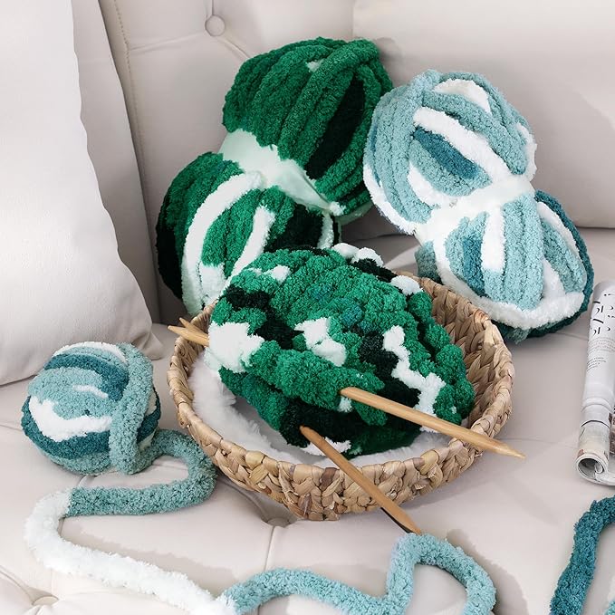 MABOZOO Tie Dye Chunky Yarn 8 Pack, Blue White Multi Fluffy Jumbo Chenille, Soft Plush Bulky, Giant Thick Fuzzy Yarn for Crocheting, Hand or Arm Knitting (26 yds, 7.5 oz Each Skein)