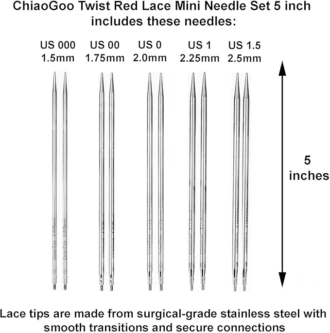 ChiaoGoo Twist Red Lace 5-Inch Mini 7500-M Interchangeable Circular Needle Set, Sizes US 000, 00, 0, 1, 1.5 with 3 Cords, Connectors, Stitch Markers, Stoppers with Project Bag