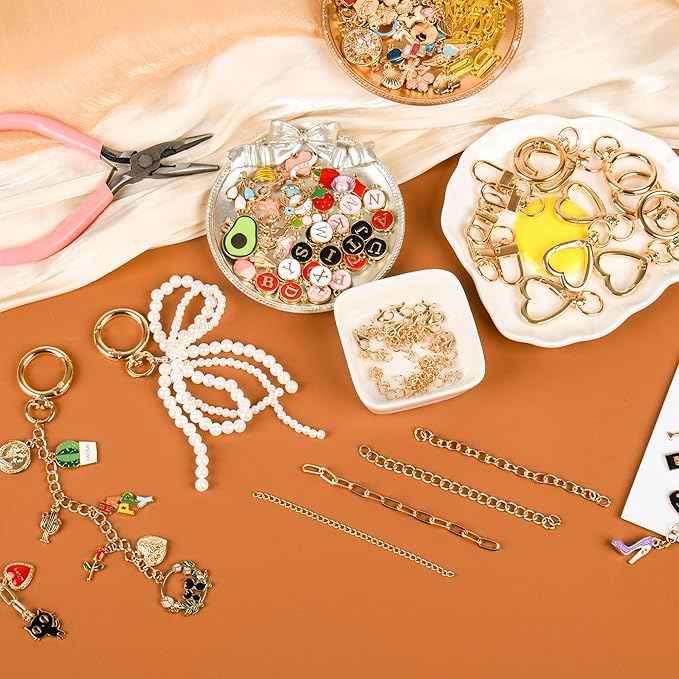 319Pcs Lip Gloss Keychain Making Kit, Including 18 Keychain Clips, 20 Extender Chain, 117 Charms, 150 Jump Ring, 1 Jewelry Plier, Bag Charm Kit, Key Chains Making Supplies for DIY Crafting and Jewelry